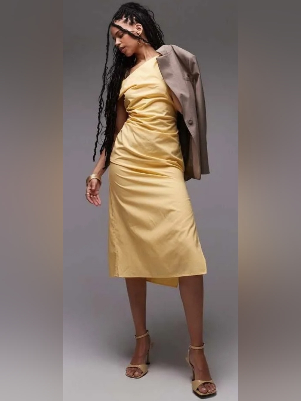 Mango Asymmetrica Neck Draped Midi Dress Butter Yellow Size US 2 NEW